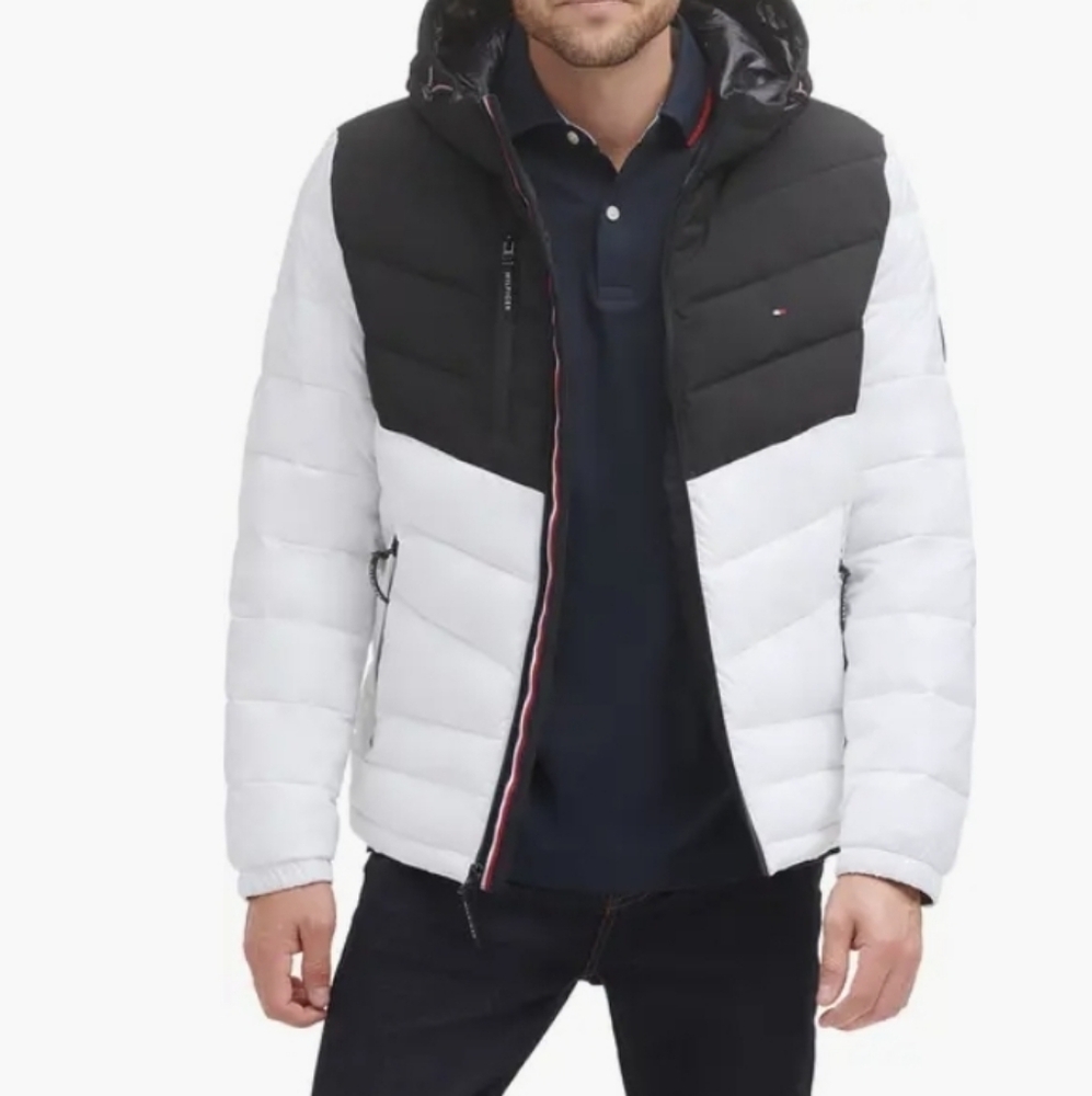 Men's Tommy Hilfiger Black and White Puffer Jacket with Chevron Design XL